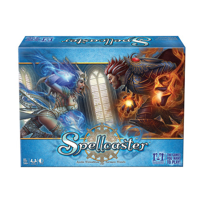 Spellcaster board game box featuring two fantasy mages casting blue lightning and orange fire magic across from each other in an ornate stone chamber