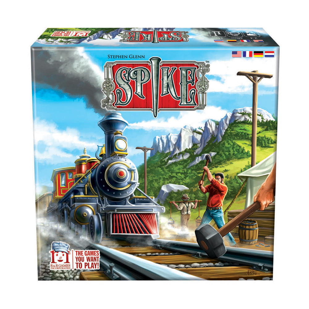 Spike Strategic Rail Network Board Game box featuring a steam locomotive on railroad tracks with a child on a wooden platform and mountains in the background