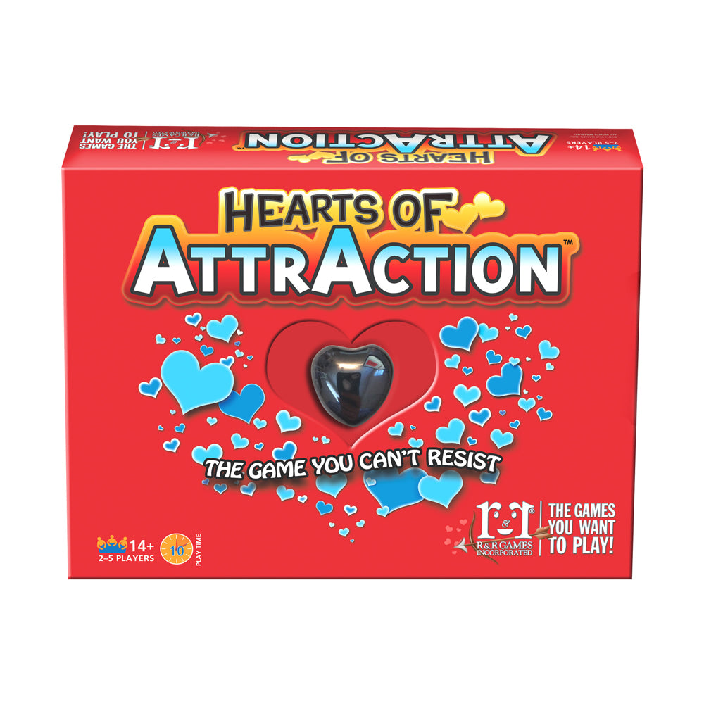 Hearts of AttrAction board game box with red background, blue hearts, black heart-shaped magnet, and tagline "The Game You Can't Resist"