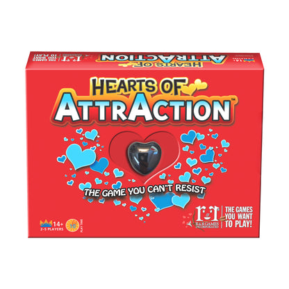 Hearts of AttrAction board game box with red background, blue hearts, black heart-shaped magnet, and tagline "The Game You Can't Resist"
