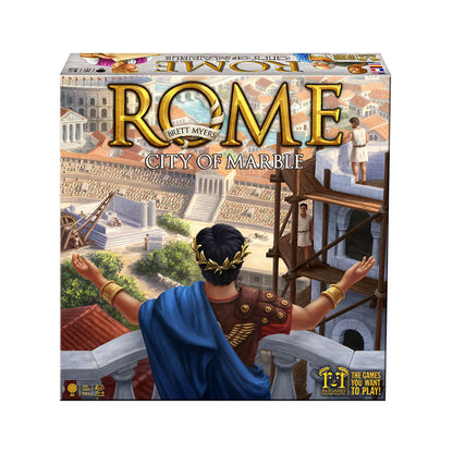 Rome: City of Marble board game box featuring a Roman figure in blue cape and gold laurel wreath overlooking an ancient cityscape with marble buildings and amph