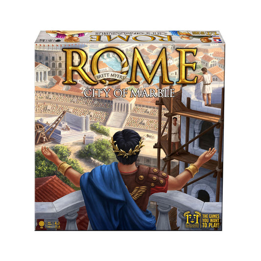 Rome: City of Marble board game box featuring a Roman figure in blue cape and gold laurel wreath overlooking an ancient cityscape with marble buildings and amph