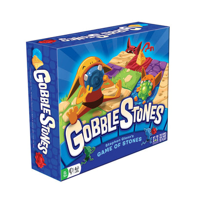 Gobble Stones board game box featuring colorful cartoon creatures and game board with blue background
