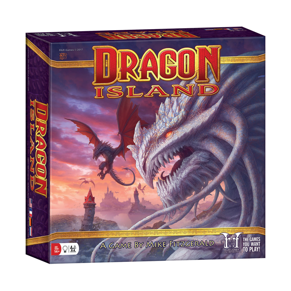 Dragon Island board game box featuring a large white dragon with glowing eyes and a smaller red dragon flying in a purple sunset sky above a castle and tower