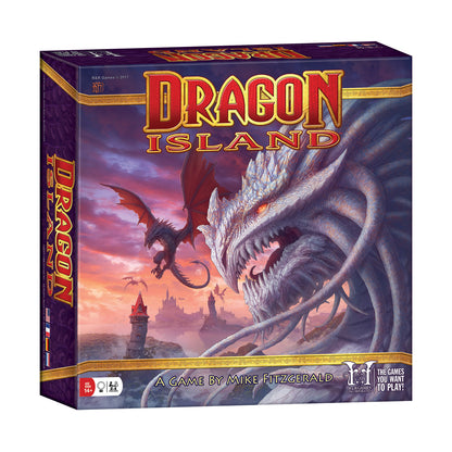 Dragon Island board game box featuring a large white dragon with glowing eyes and a smaller red dragon flying in a purple sunset sky above a castle and tower