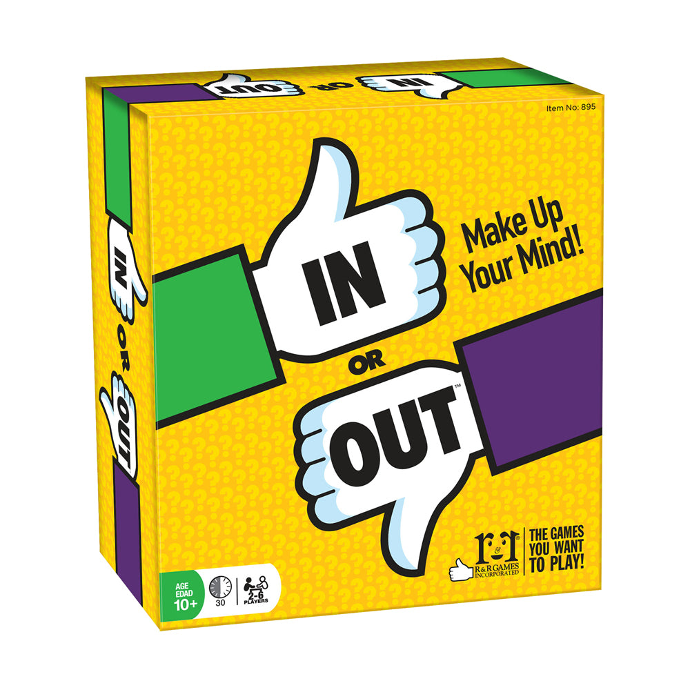 In or Out Strategy Card Game box with bright yellow background, thumbs up and thumbs down hand graphics, "Make Up Your Mind!" text, and game details for ages 10