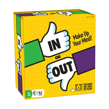 In or Out Strategy Card Game box with bright yellow background, thumbs up and thumbs down hand graphics, "Make Up Your Mind!" text, and game details for ages 10