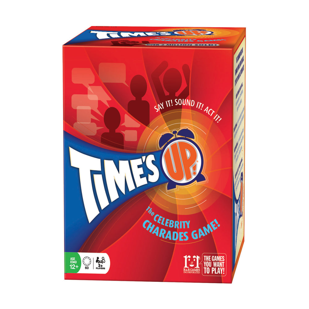 Time's Up! box featuring red and blue design with silhouettes and orange sound wave graphic, tagline 'Say It! Sound It! Act It!' and 'The Celebrity Charades Gam