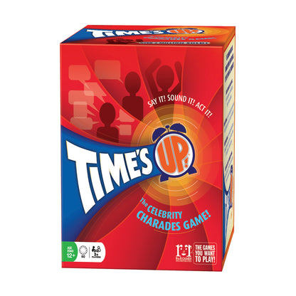 Time's Up! box featuring red and blue design with silhouettes and orange sound wave graphic, tagline 'Say It! Sound It! Act It!' and 'The Celebrity Charades Gam