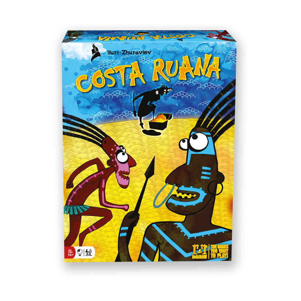 Costa Ruana board game box featuring illustrated characters with large eyes and spears on a blue and yellow background, designed by Yuri Zhuravlev