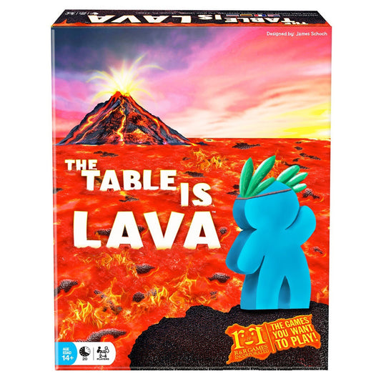 The Table Is Lava Cooperative Card Game box featuring a volcanic landscape with erupting volcano, blue character figure, and lava-covered ground