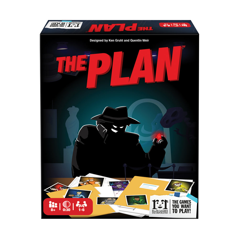 The Plan Strategic Treasure Hunt Board Game box featuring a silhouette of a spy in a fedora holding a glowing red orb, with shadowy figures and scattered photo