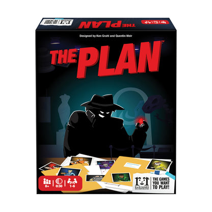 The Plan Strategic Treasure Hunt Board Game box featuring a silhouette of a spy in a fedora holding a glowing red orb, with shadowy figures and scattered photo