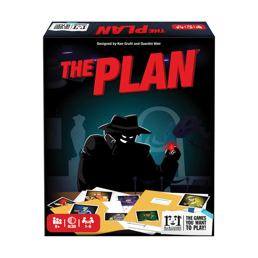 The Plan Strategic Treasure Hunt Board Game box featuring a silhouette of a spy in a fedora holding a glowing red orb, with shadowy figures and scattered photo
