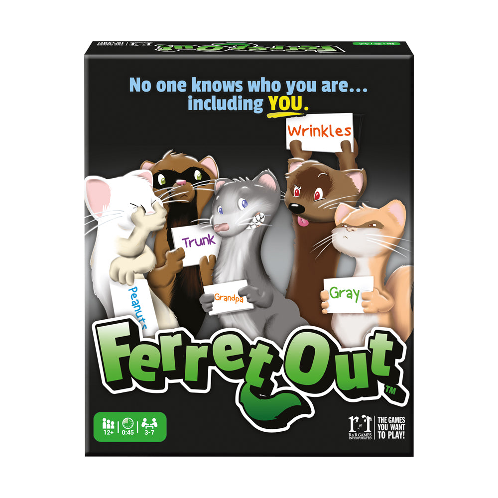Ferret Out board game box featuring cartoon ferrets holding name cards like Wrinkles, Trunk, Grandpa, and Gray, with text 'No one knows who you are... including