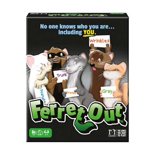 Ferret Out board game box featuring cartoon ferrets holding name cards like Wrinkles, Trunk, Grandpa, and Gray, with text 'No one knows who you are... including