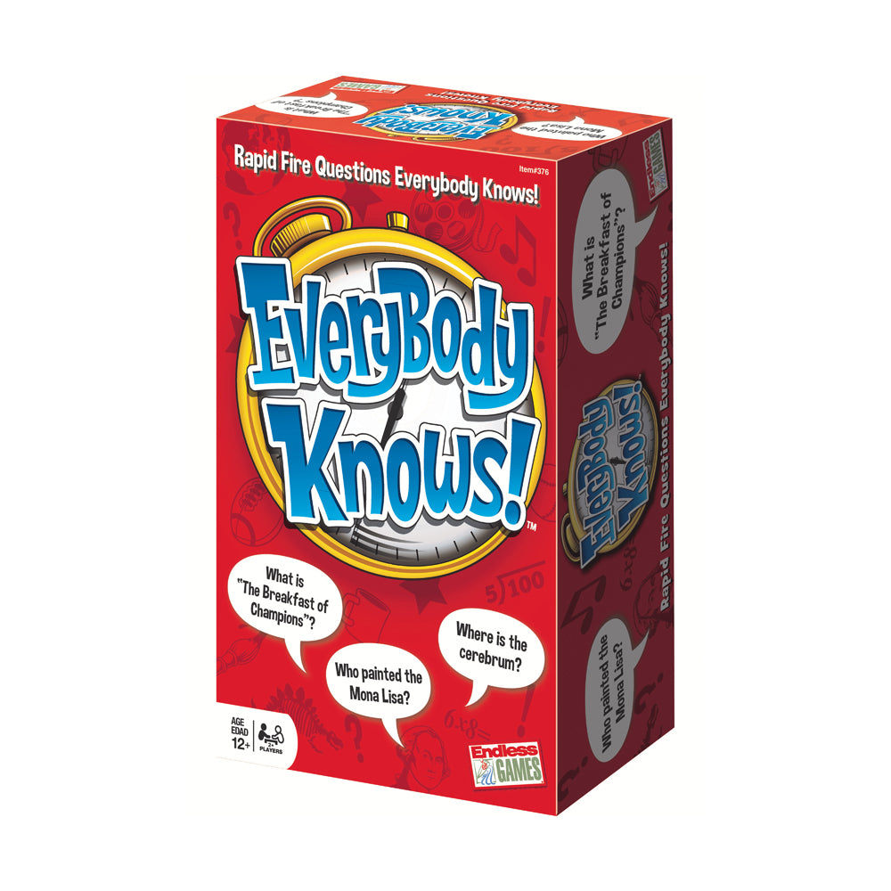 Everybody Knows! trivia board game box featuring red packaging with blue and yellow game logo, clock design, and sample questions about history and science