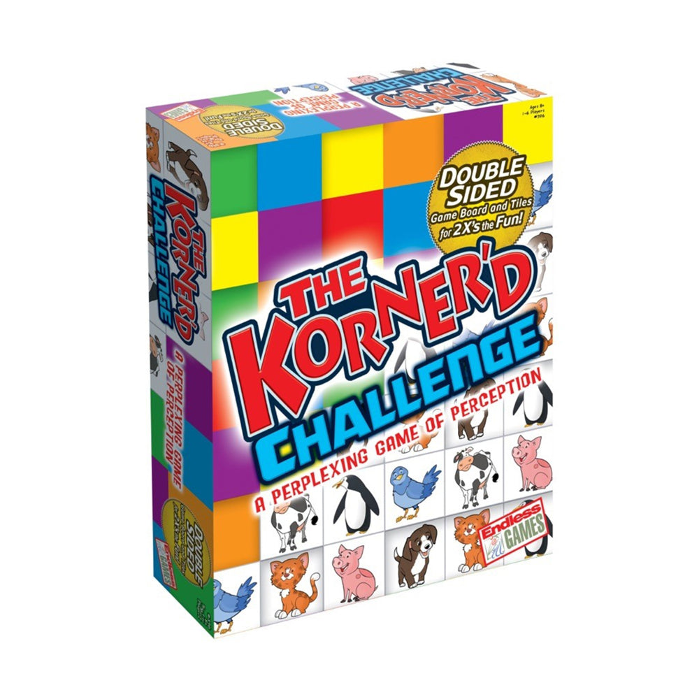 The Korner'd Challenge double-sided game board and tiles box featuring colorful grid pattern and animal illustrations including penguin, cow, bird, pig, cat, an