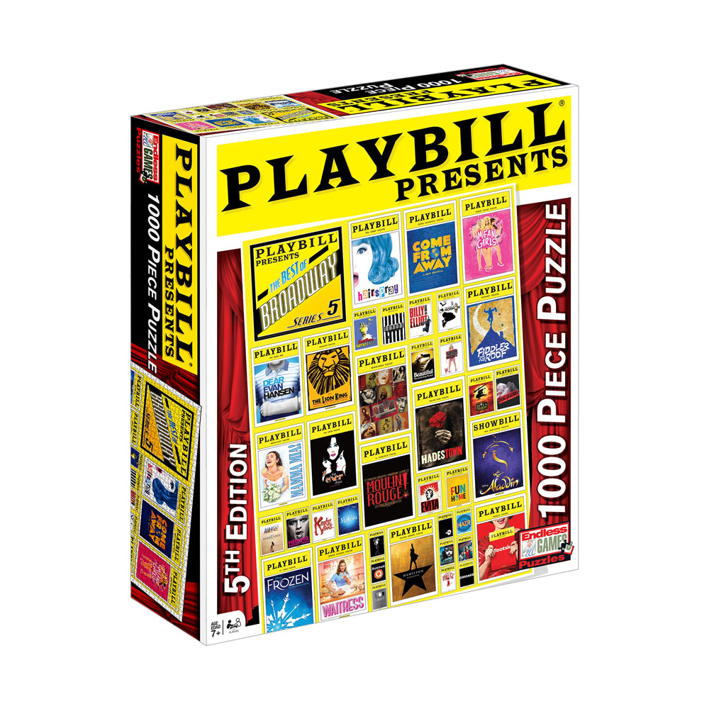 Playbill Presents 1000-piece jigsaw puzzle box featuring Broadway show playbill covers arranged in a grid pattern on yellow and red background
