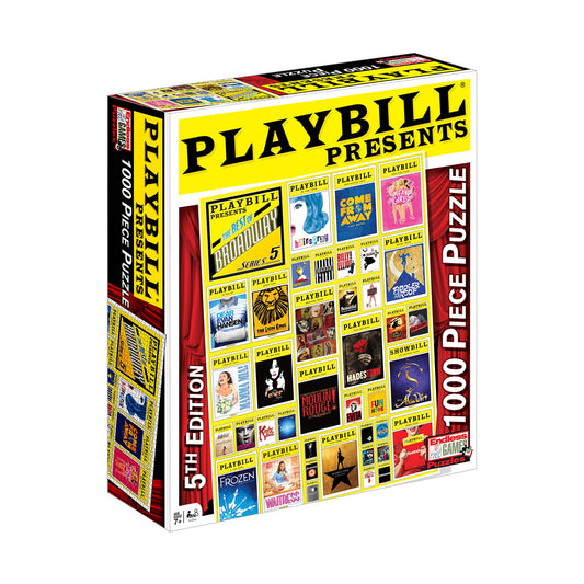 Playbill Presents 1000-piece jigsaw puzzle box featuring Broadway show playbill covers arranged in a grid pattern on yellow and red background