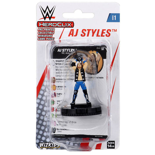 WWE HeroClix AJ Styles prepainted collectible miniature game piece on black base in packaging, Series 1