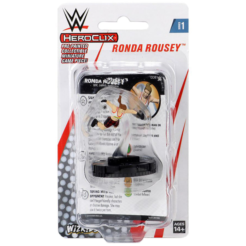 WWE HeroClix Ronda Rousey pre-painted collectible miniature game piece in clear plastic packaging with black base, Series 1
