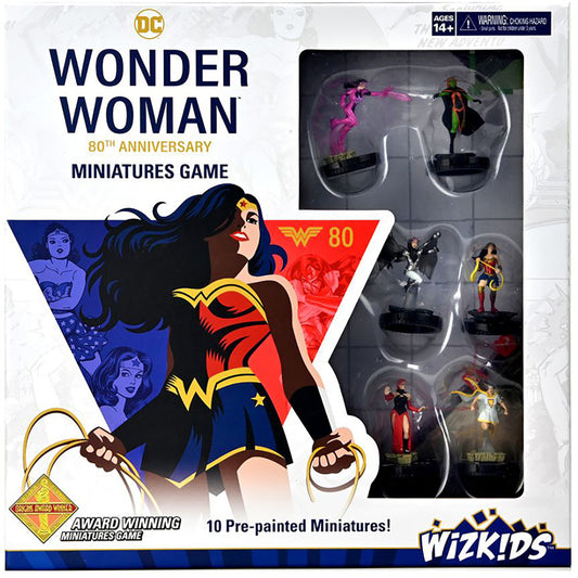 DC Comics Wonder Woman 80th Anniversary Miniatures Game box showing illustrated Wonder Woman, DC logo, Ages 14+ warning, and package contents of 10 pre-painted