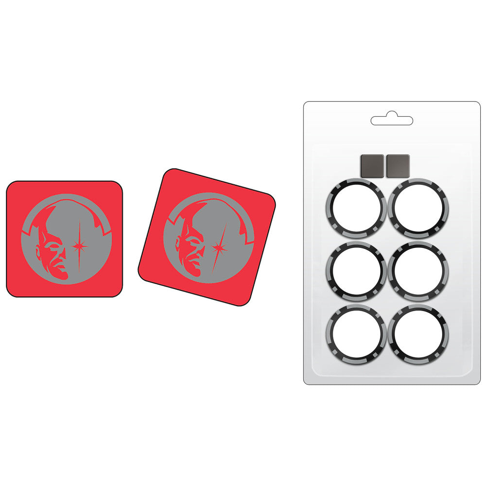 Marvel HeroClix Disney Plus Series Dice and Token Pack showing red square tokens with character portrait and clear blister packaging with six black ring tokens