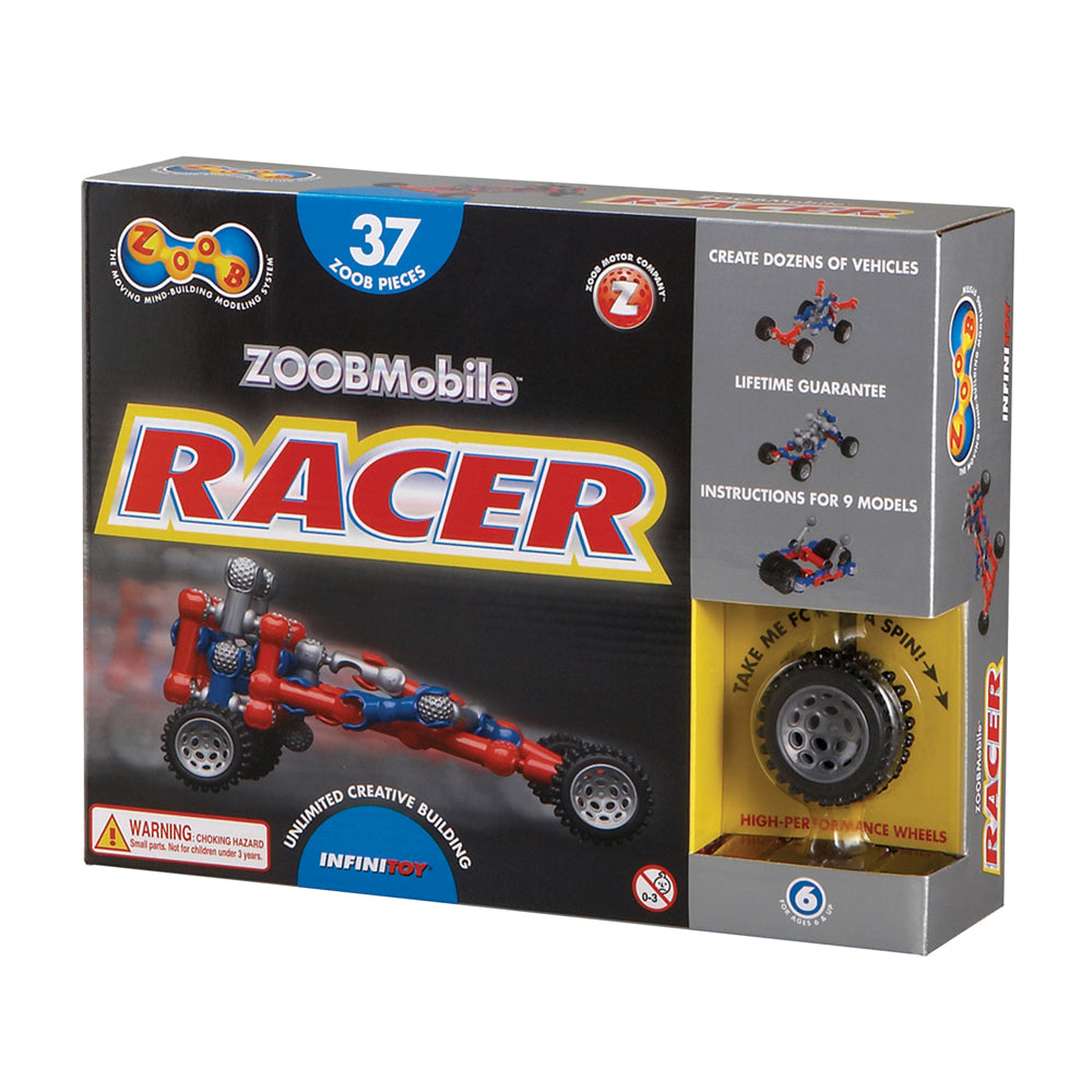 ZOOBMobile Racer 37-piece building set with red and blue construction pieces and high-performance wheels