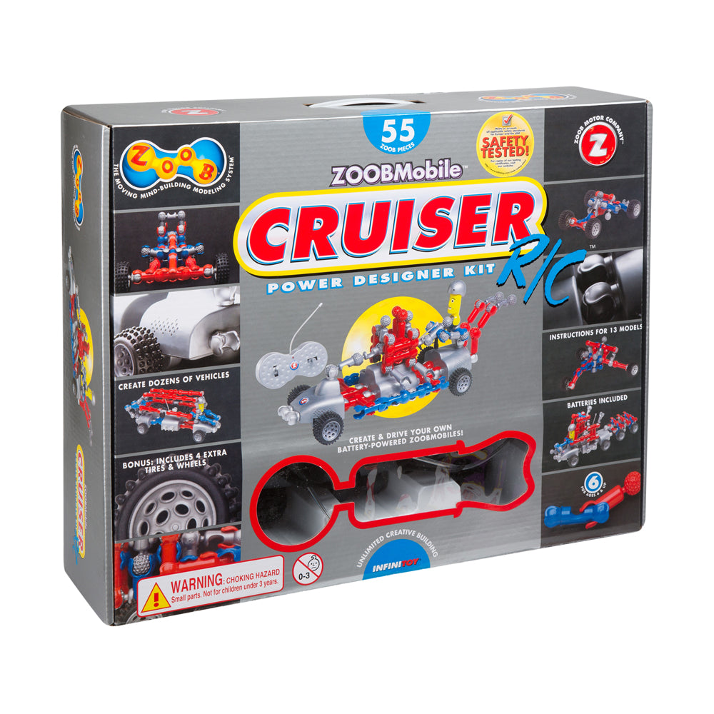 ZOOBMobile Cruiser Power Designer Kit box showing 55 pieces, red and blue motorized building set with remote control, instructions for 13 models, and bonus tire