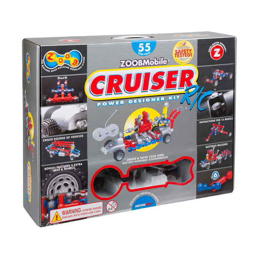 ZOOBMobile Cruiser Power Designer Kit box showing 55 pieces, red and blue motorized building set with remote control, instructions for 13 models, and bonus tire