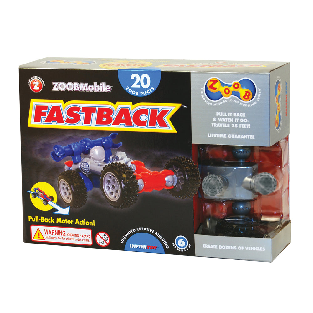 ZOOB Mobile Fastback building set box showing blue and red pull-back motorized vehicle with large wheels and 20 plastic pieces for construction