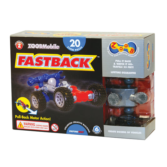 ZOOB Mobile Fastback building set box showing blue and red pull-back motorized vehicle with large wheels and 20 plastic pieces for construction