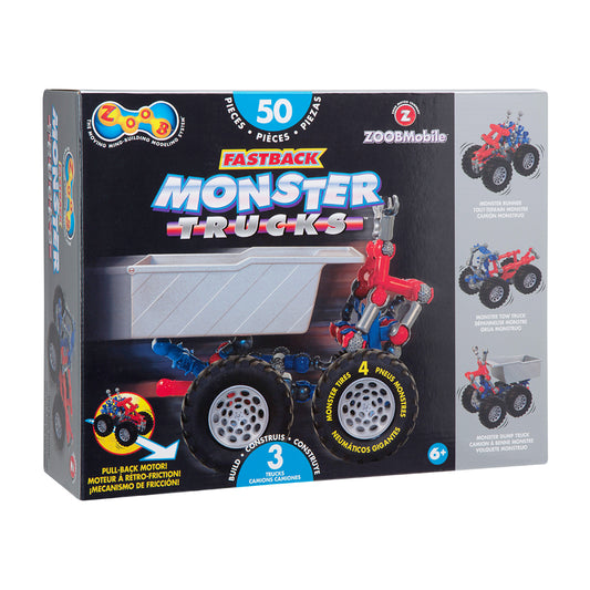 ZOOBMobile Fastback Monster Trucks building set box showing 50-piece construction toy with pull-back motor, includes 3 buildable monster truck models with large
