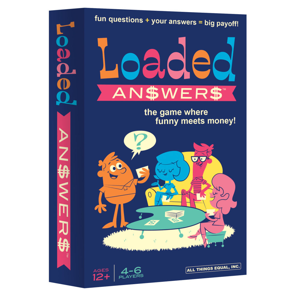 Loaded Answers party game box featuring colorful cartoon characters around a table with cards and question mark, dark blue background with text 'fun questions +