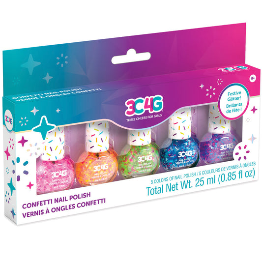 3C4G Confetti Nail Polish set with five bottles in pink, orange, green, blue, and purple glitter colors with white confetti-patterned caps