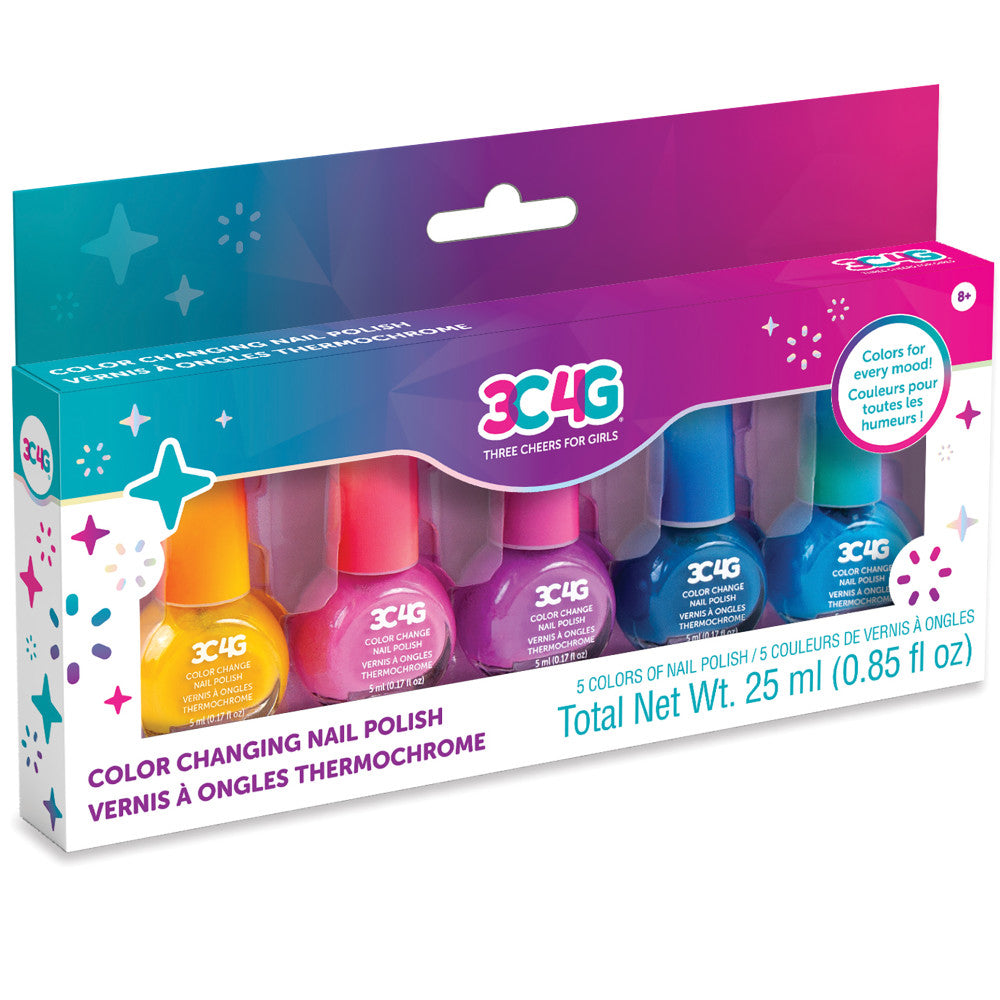 3C4G color-changing nail polish set with five thermochromic bottles in yellow, pink, magenta, purple, and blue on gradient packaging