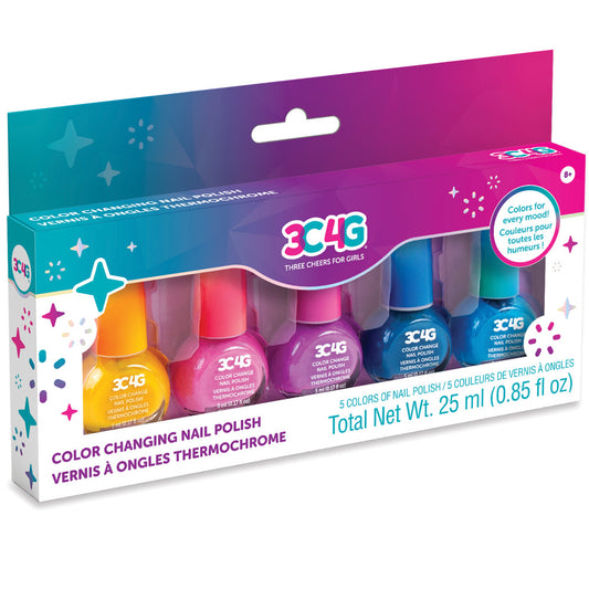 3C4G color-changing nail polish set with five thermochromic bottles in yellow, pink, magenta, purple, and blue on gradient packaging