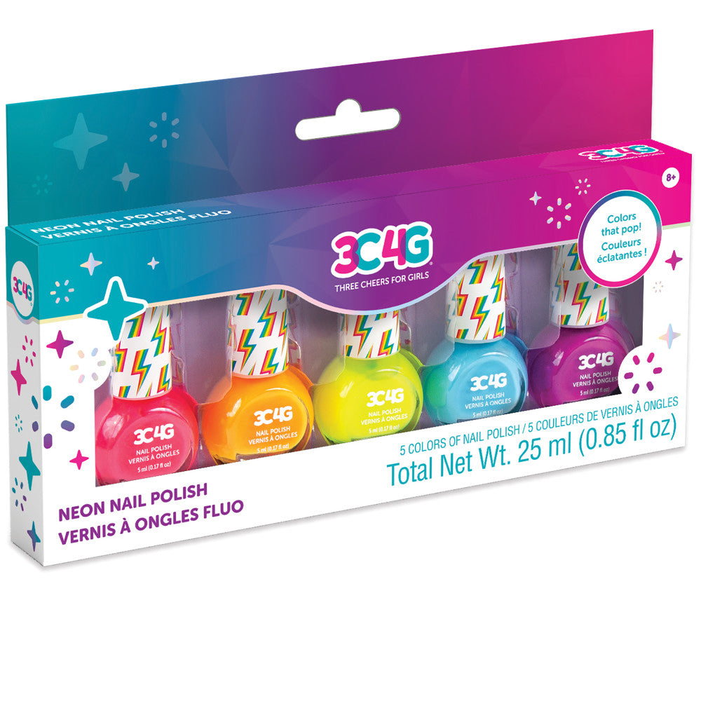 3C4G Neon Nail Polish set with five vibrant fluorescent bottles in pink, orange, yellow, turquoise, and magenta on packaging labeled Neon Nail Polish Vernis À O