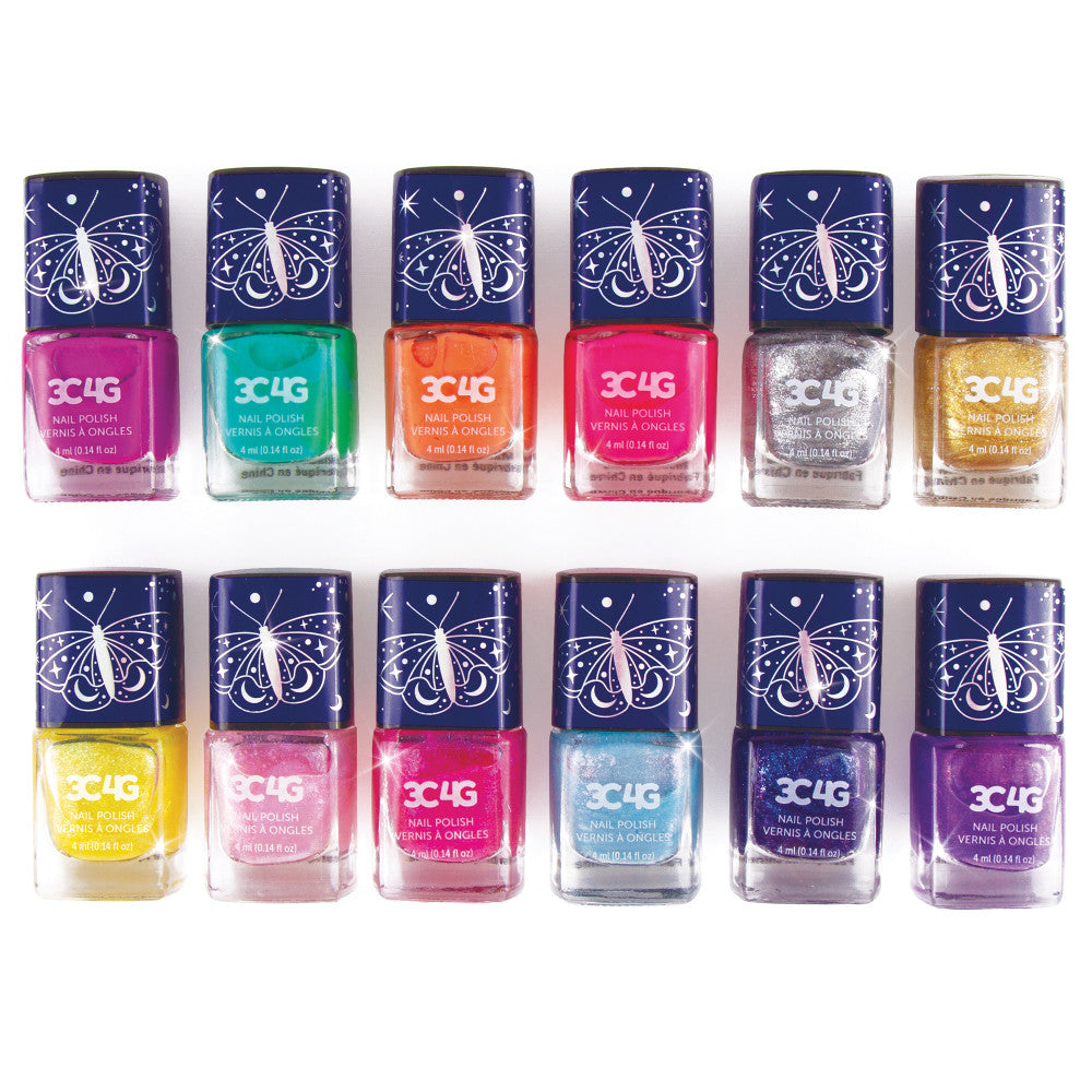 12-pack of 3 Cheers For Girls nail polish in various colors with celestial butterfly-themed caps, arranged in two rows