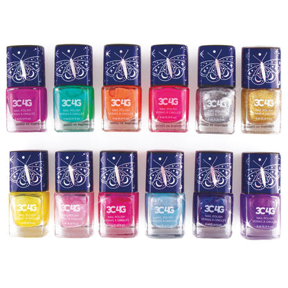 12-pack of 3 Cheers For Girls nail polish in various colors with celestial butterfly-themed caps, arranged in two rows