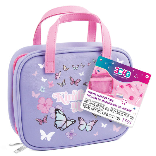 Purple cosmetic case with pink handles decorated with butterflies and flowers, includes pink travel makeup set with 7 pieces