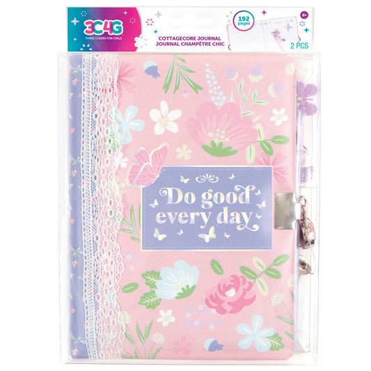 3C4G Cottagecore Floral Locking Journal with pink floral cover, lace trim, lock and key charm, shown in packaging with 192 pages and 2-piece set labeled