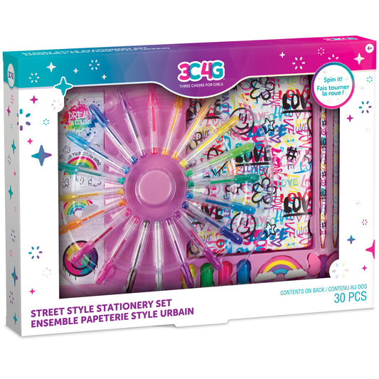 Three Cheers For Girls Street Style Stationery Set with pink spinning wheel organizer, colorful markers, graffiti-design notebook, and 30 pieces total