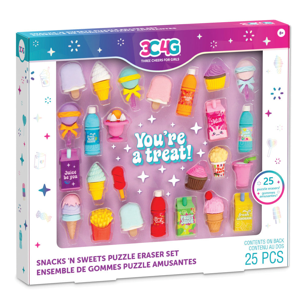 3C4G Snacks 'N Sweets puzzle eraser set with 25 colorful mini erasers shaped like ice cream cones, popsicles, cupcakes, juice bottles, and candy, displayed in p