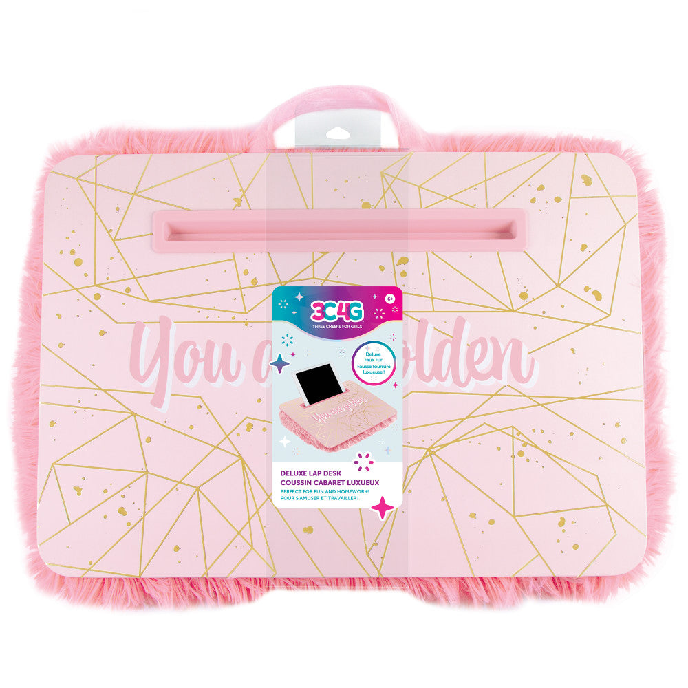 Pink fur-trimmed lap desk with gold geometric lines and sparkle details, featuring a built-in storage compartment and carrying handle