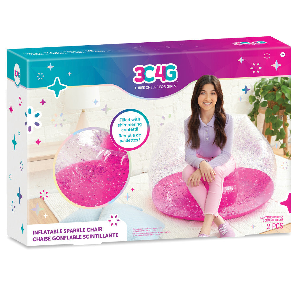 Modeled by a child sitting on a pink sparkle-filled inflatable chair. Set includes 2 chairs with shimmering confetti interior, shown in lifestyle setting.