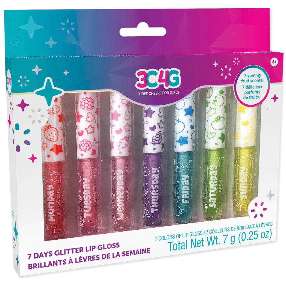 7-Day Glitter Lip Gloss set with seven colorful fruit-scented lip glosses in shades of red, pink, purple, and green, displayed in packaging featuring stars and