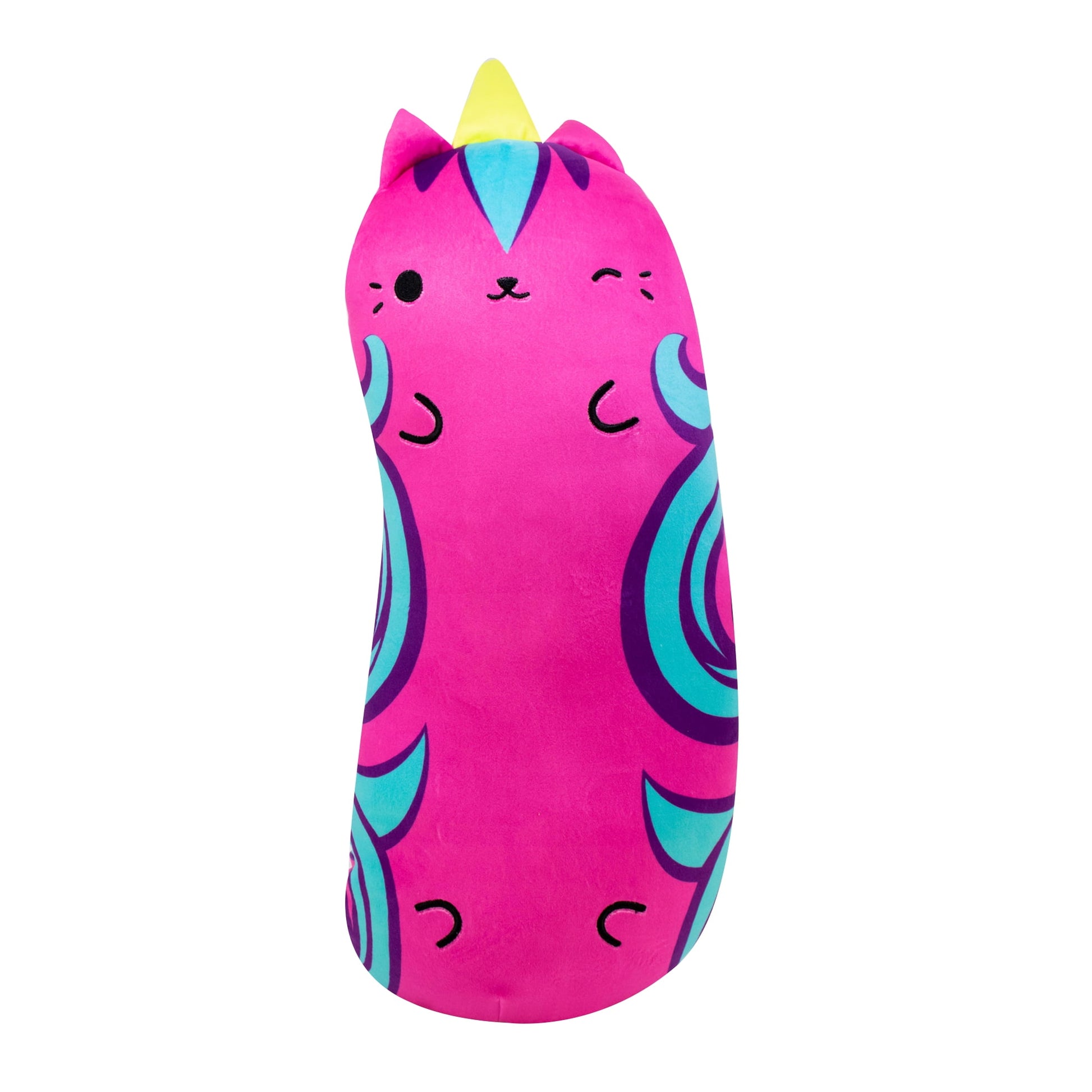 Pink plush unicorn cat with yellow horn, blue face marking, cyan and purple paw details, and embroidered facial features