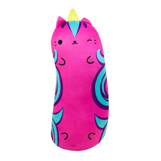 Pink plush unicorn cat with yellow horn, blue face marking, cyan and purple paw details, and embroidered facial features